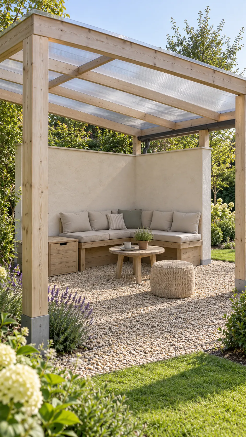 Garden pergola roof with two short corner privacy walls