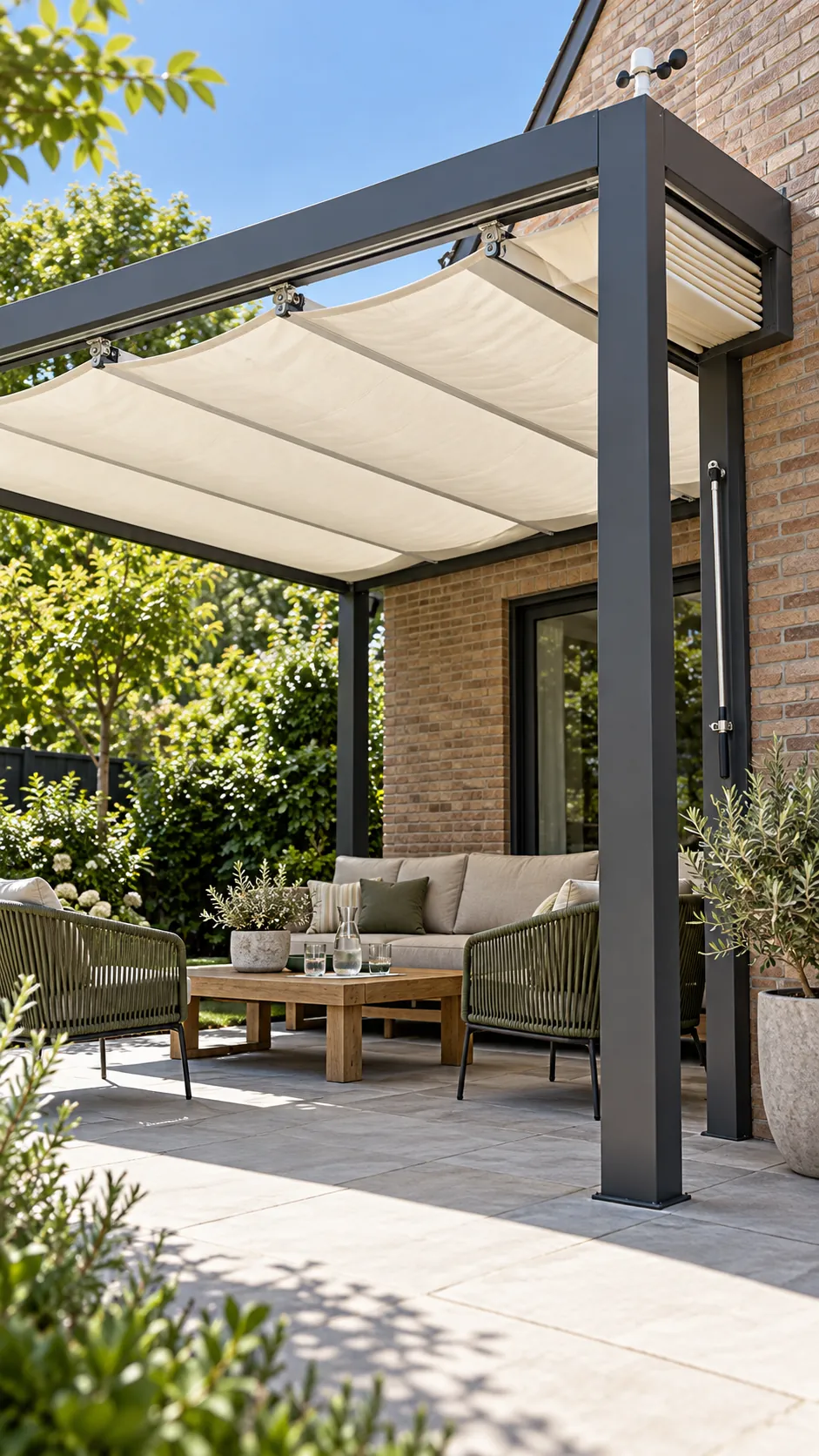 Pergola with a retractable fabric track canopy