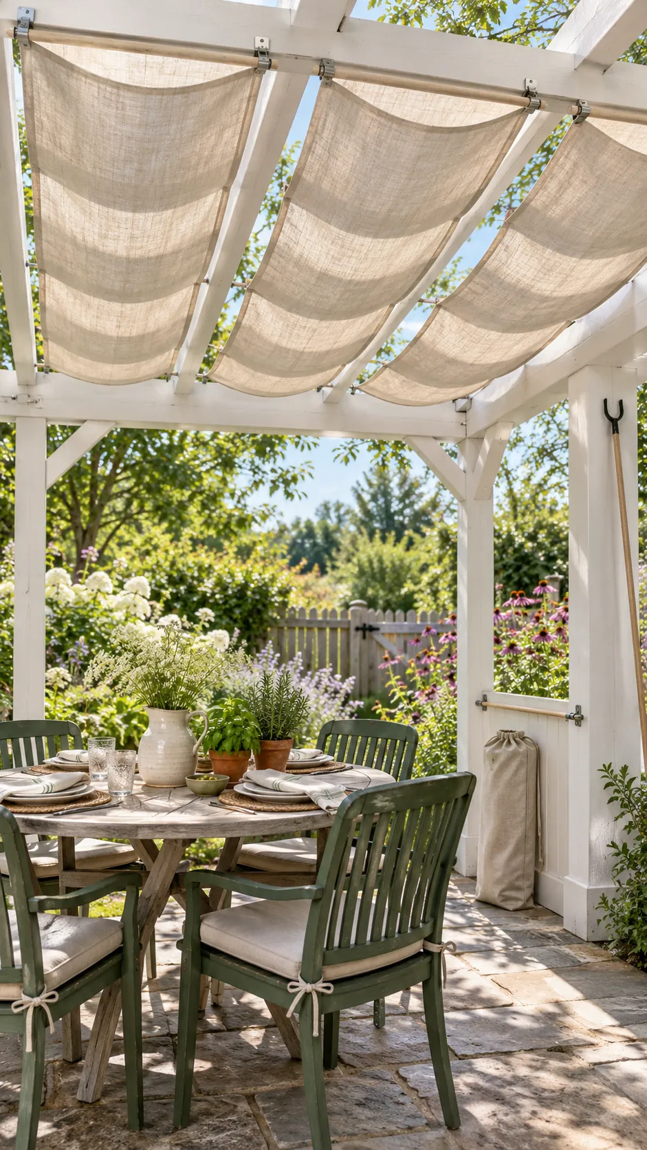Pergola with broad Roman style fabric shade panels