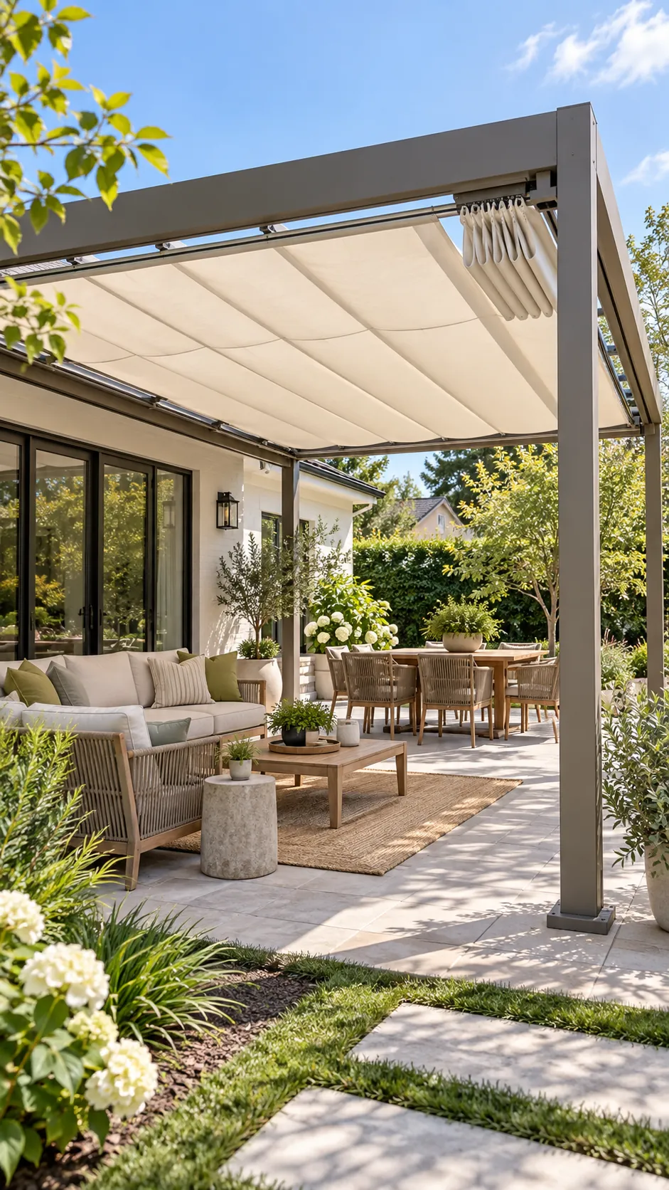 Modern pergola with an ivory retractable fabric shade