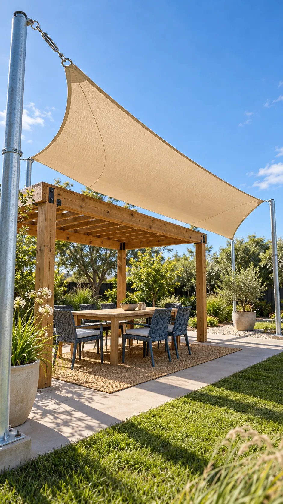 Pergola with a tensioned shade sail above the frame