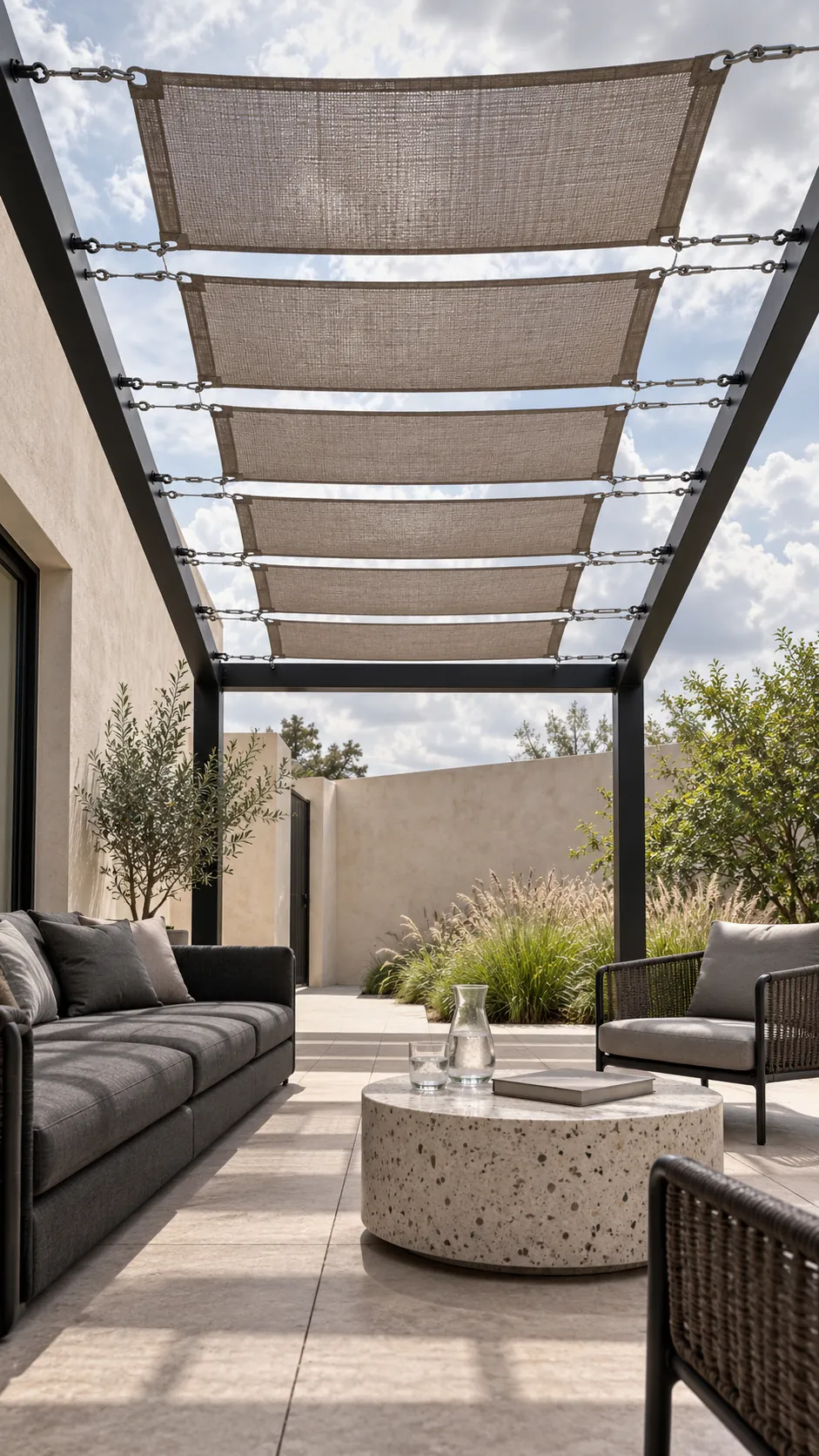 Pergola with cable supported flat fabric shade sections