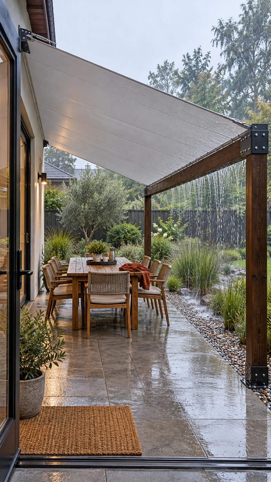 Pergola with a sloped waterproof fabric canopy