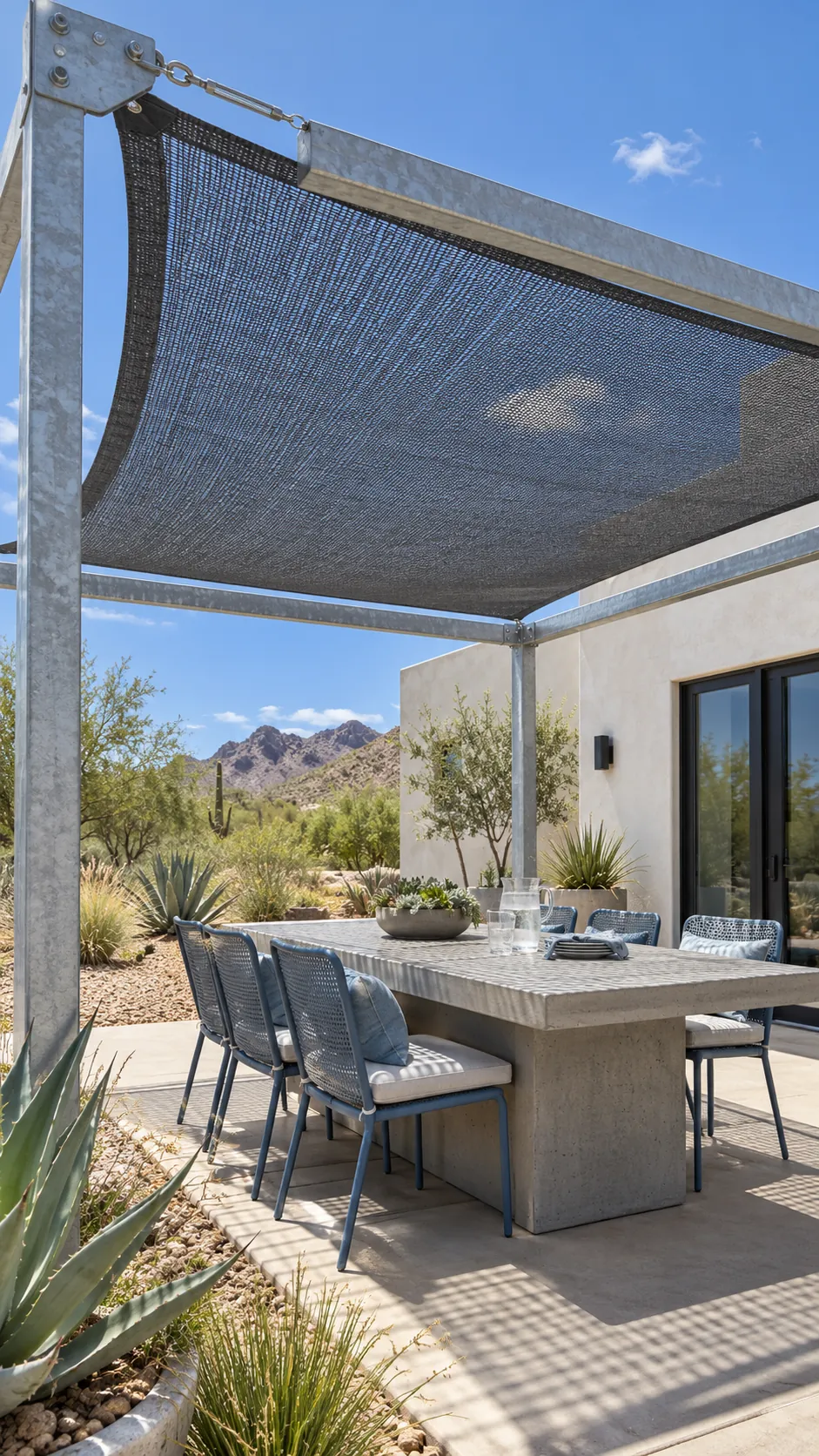 Pergola with breathable mesh fabric shade