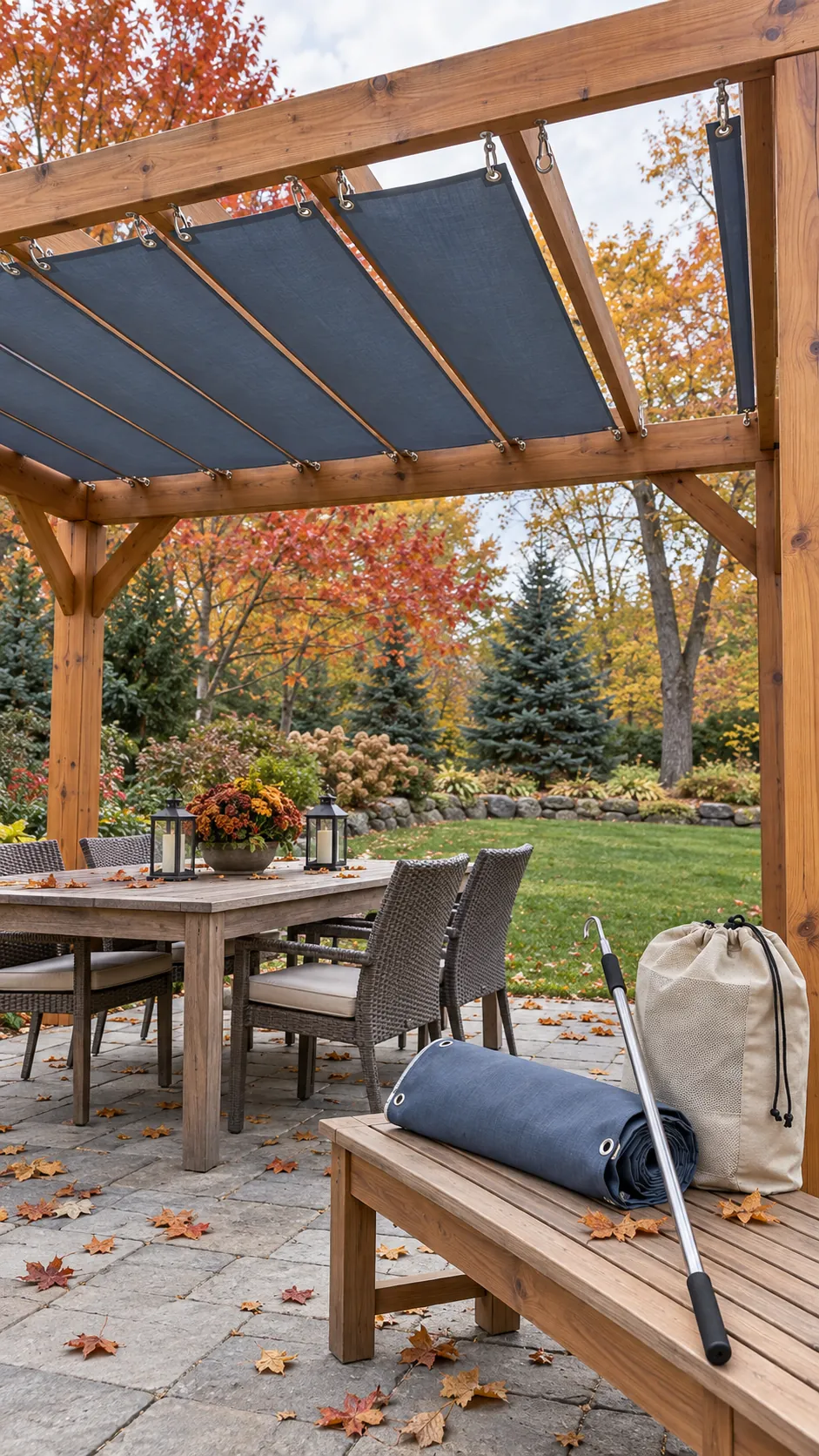 Pergola with removable seasonal fabric shade panels