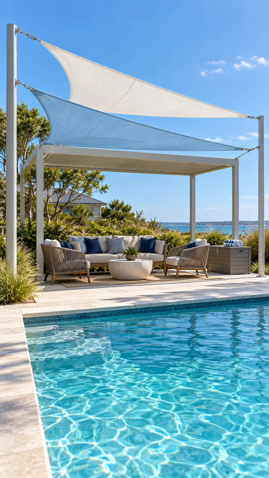 Pergola beside a pool with offset fabric shade sails
