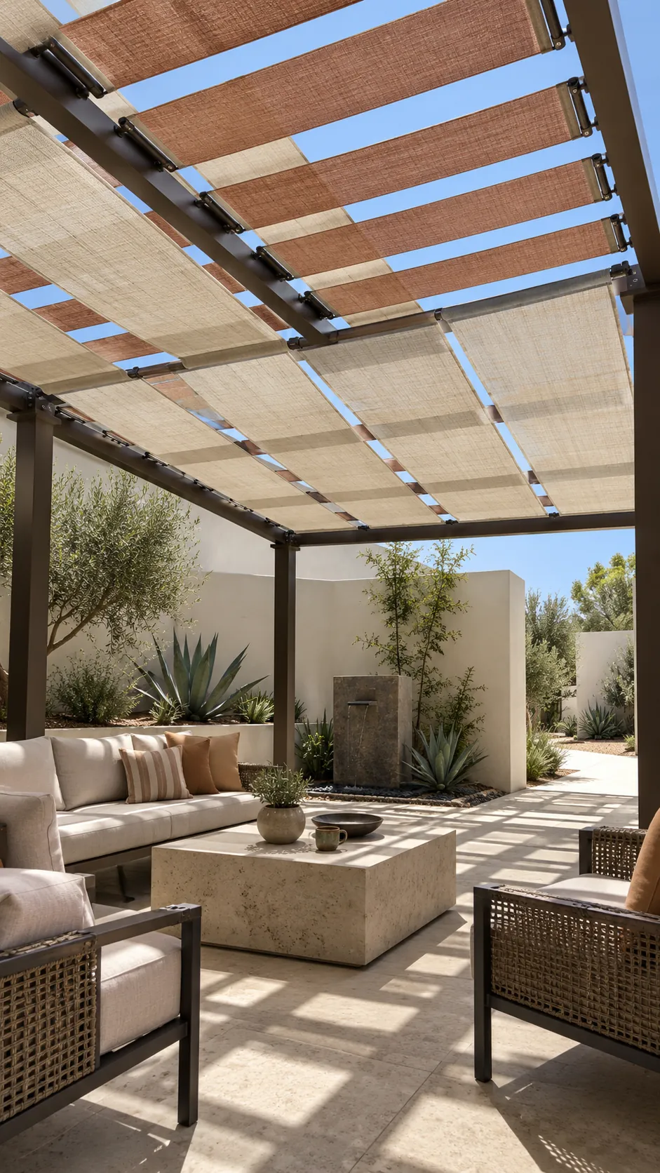 Pergola with two layers of filtered fabric shade