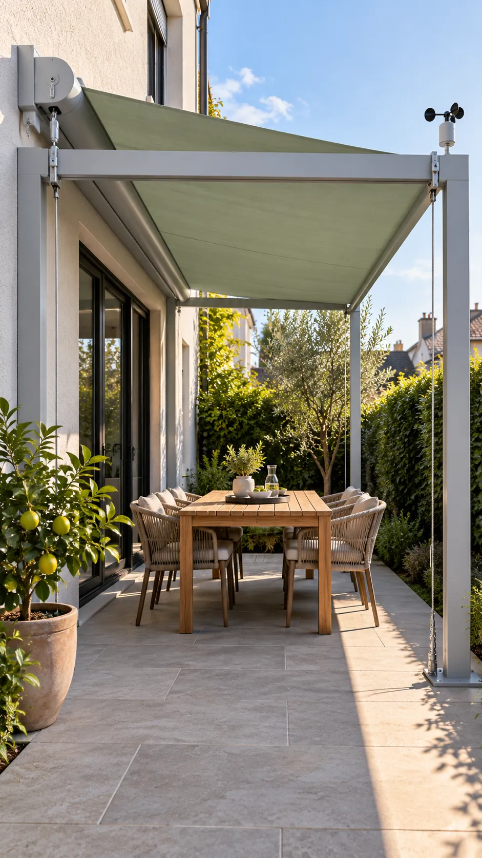 Pergola with a retractable edge roller fabric canopy