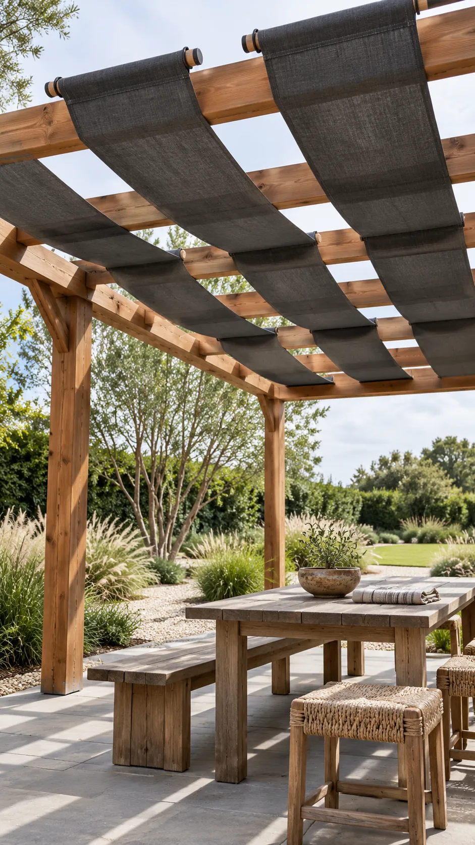 Pergola with alternating woven fabric shade strips