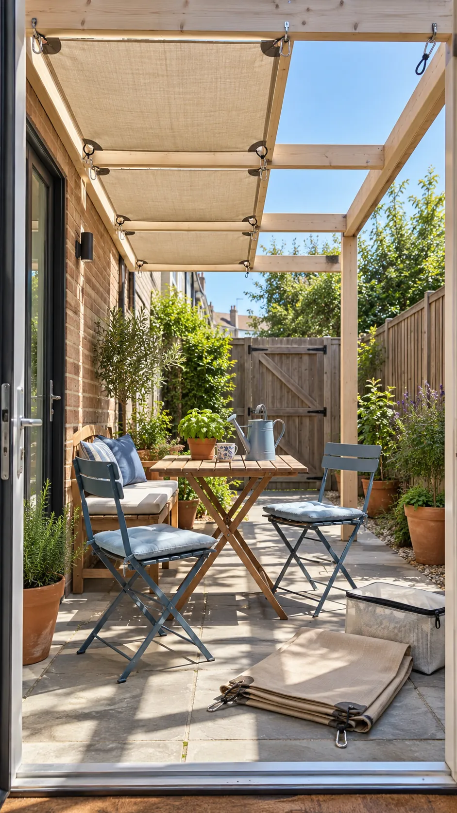 Small pergola with clip on fabric shade panels