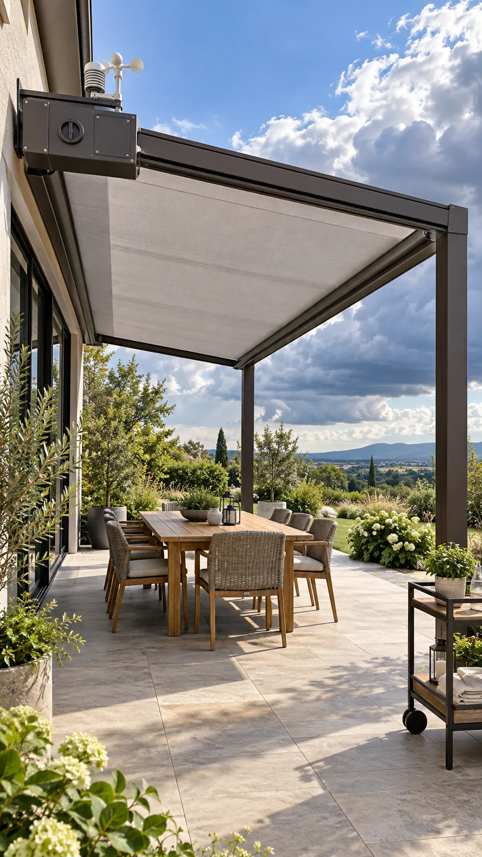 Pergola with a motorized cassette fabric shade