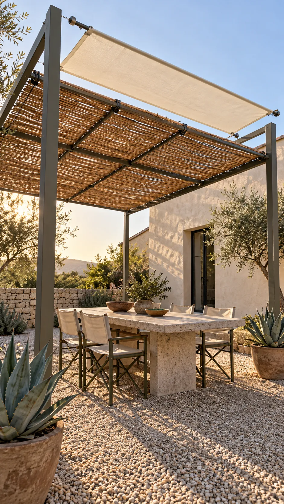 Pergola combining reed panels with removable fabric shade