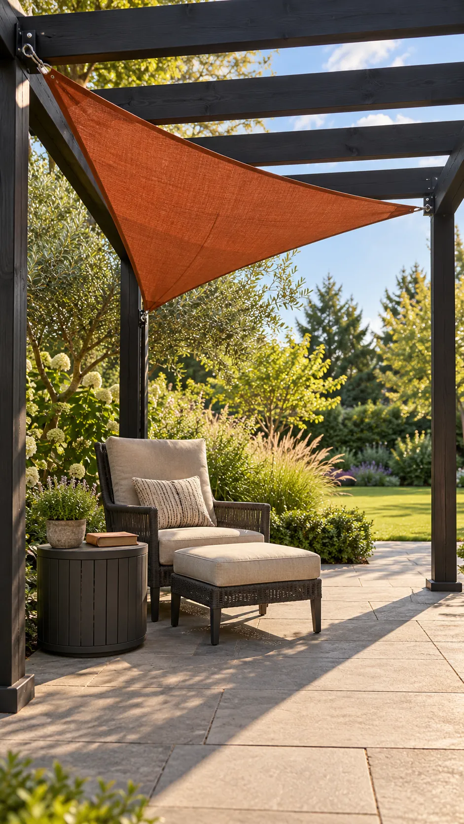 Pergola with a triangular fabric sail over one corner