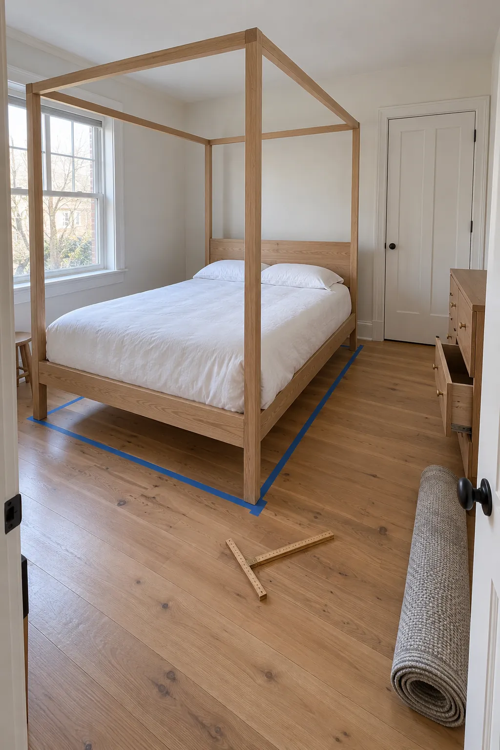 Measured modern canopy bedroom layout with clear walking space
