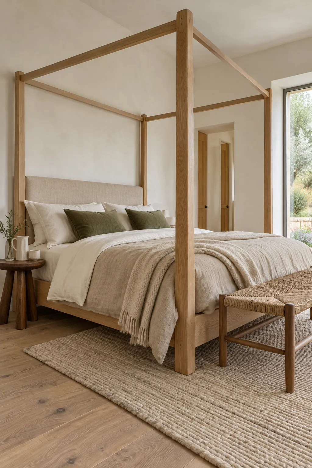 Pale wood canopy bed with natural layered bedroom textures