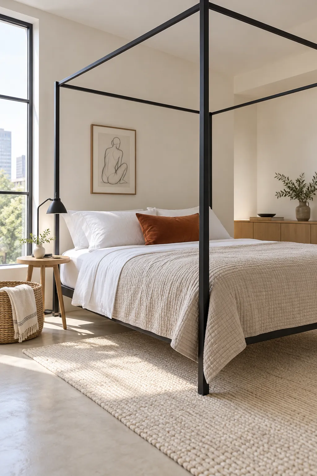 Slim black canopy bed in a bright modern adult bedroom
