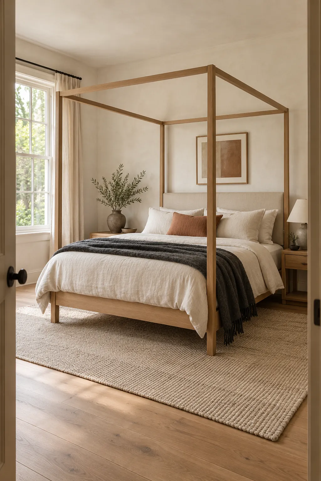 Warm modern canopy bedroom with a slim oak frame