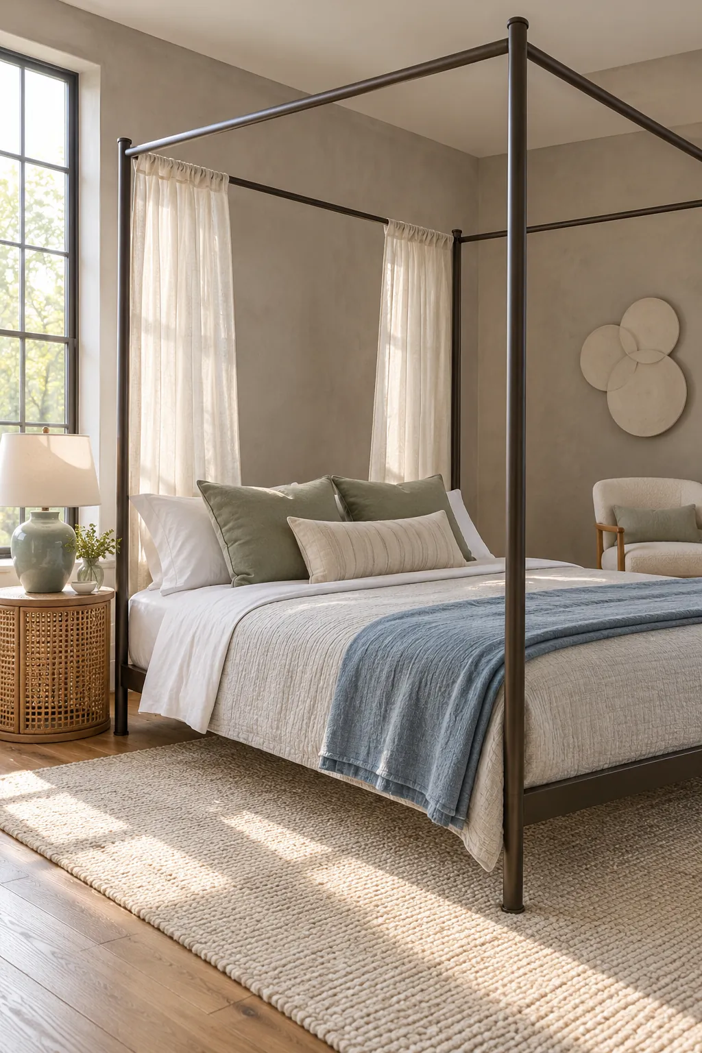 Modern canopy bed with restrained sheer curtains at the head