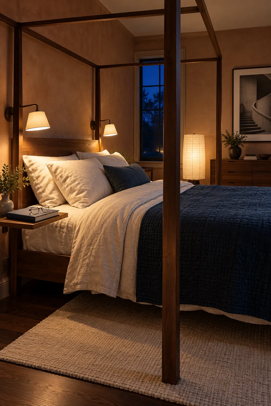 Modern canopy bedroom with layered bedside and ambient lighting