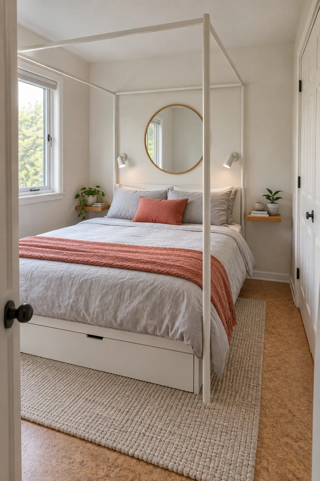 Small modern bedroom with an airy white canopy bed and clear floor