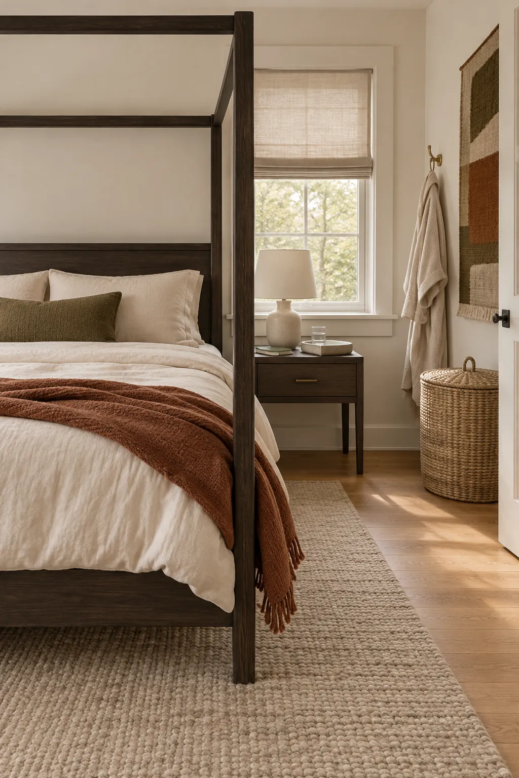 Simple bedding and useful storage in a modern canopy bedroom