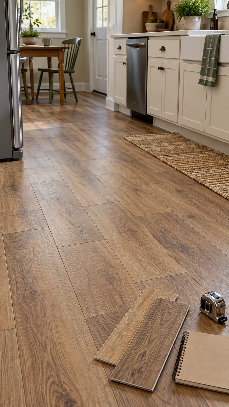Affordable finished kitchen floor with material samples and a renovation budget notebook