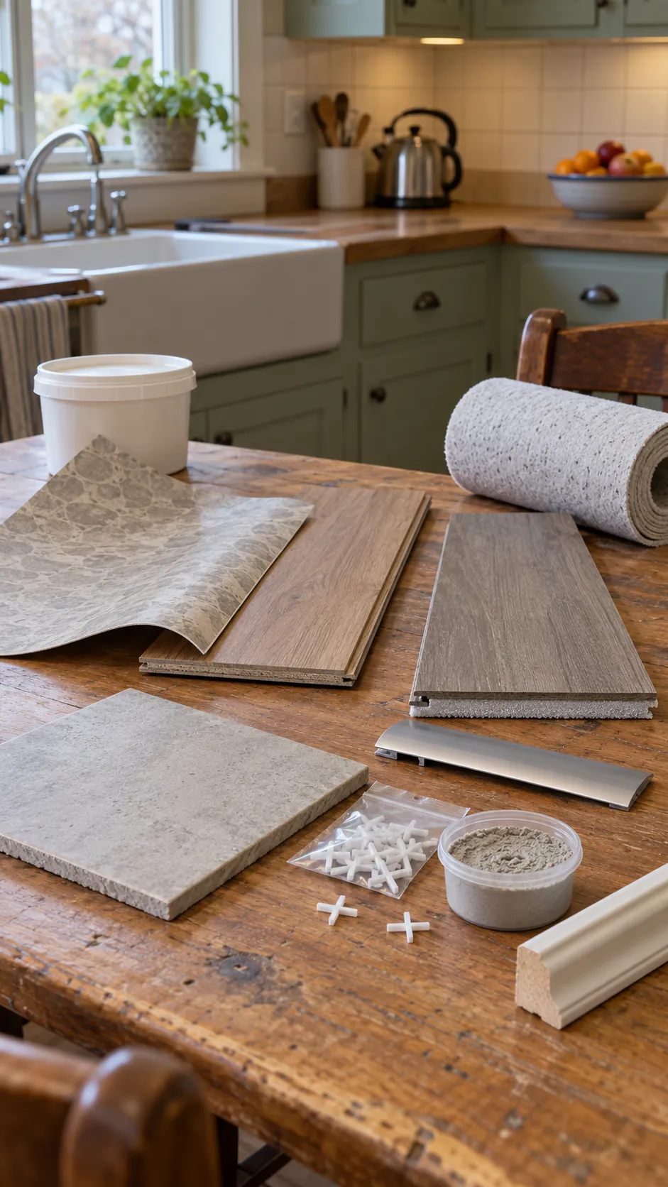 Kitchen flooring samples with underlayment trim and installation supplies