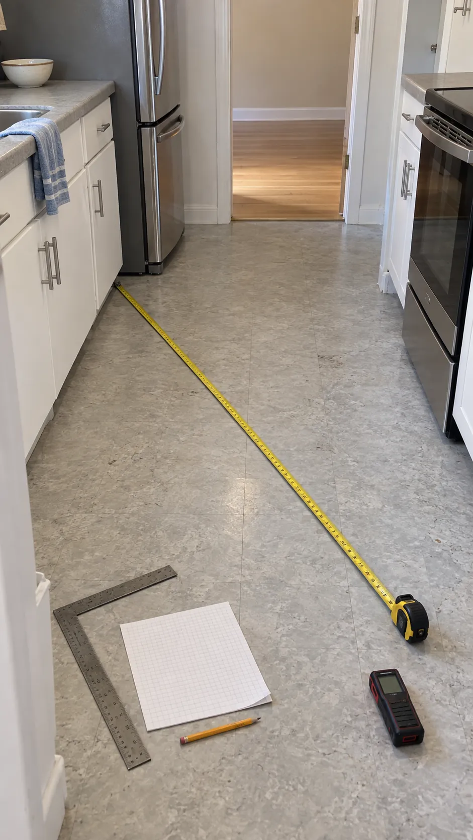 Tape measure and room sketch used to calculate kitchen floor square footage