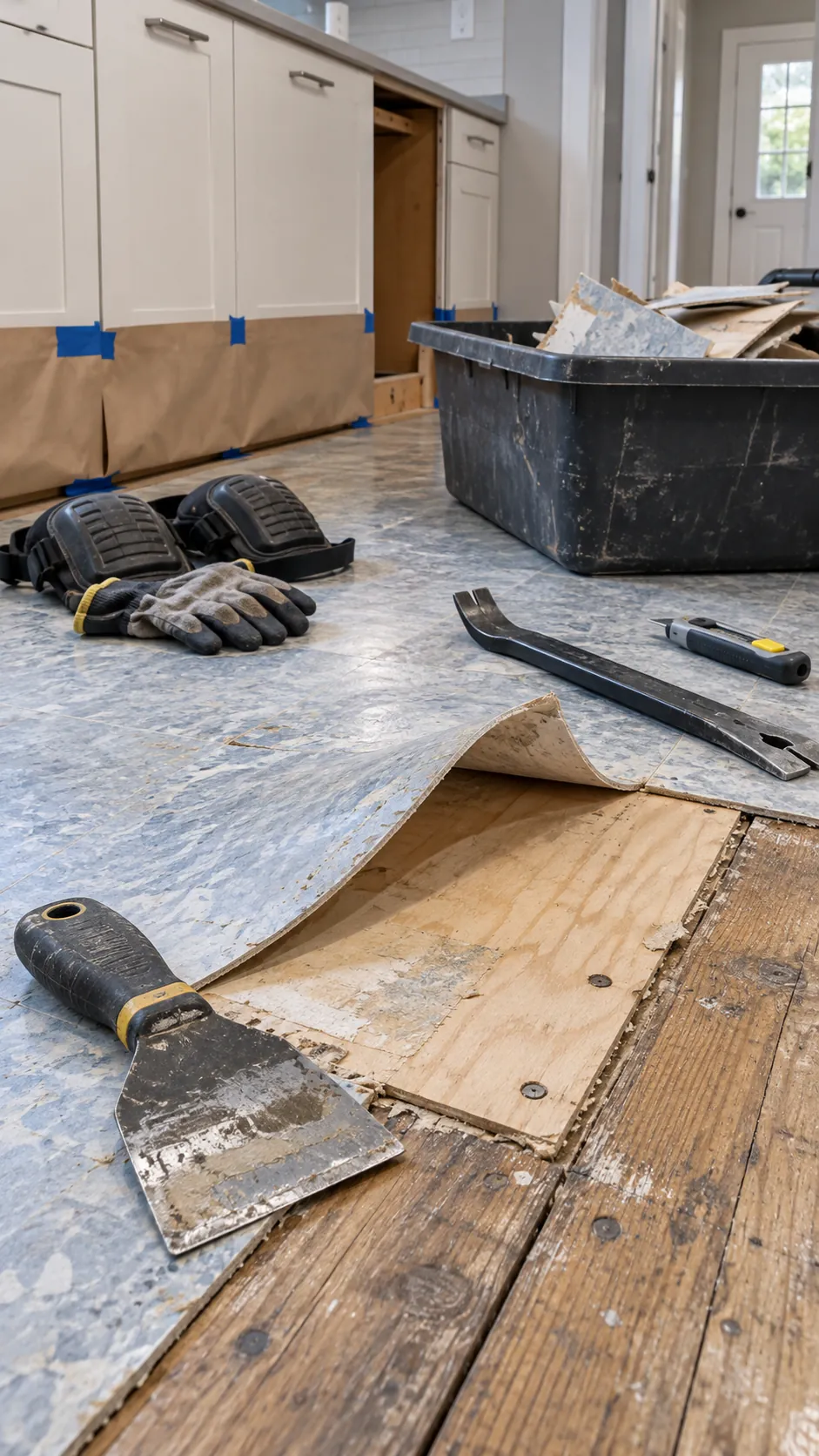 Old kitchen flooring layers exposed for removal and disposal planning