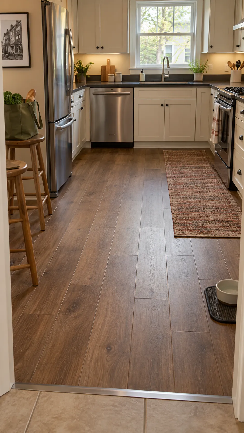 Finished budget kitchen floor with neat trim and appliance transitions