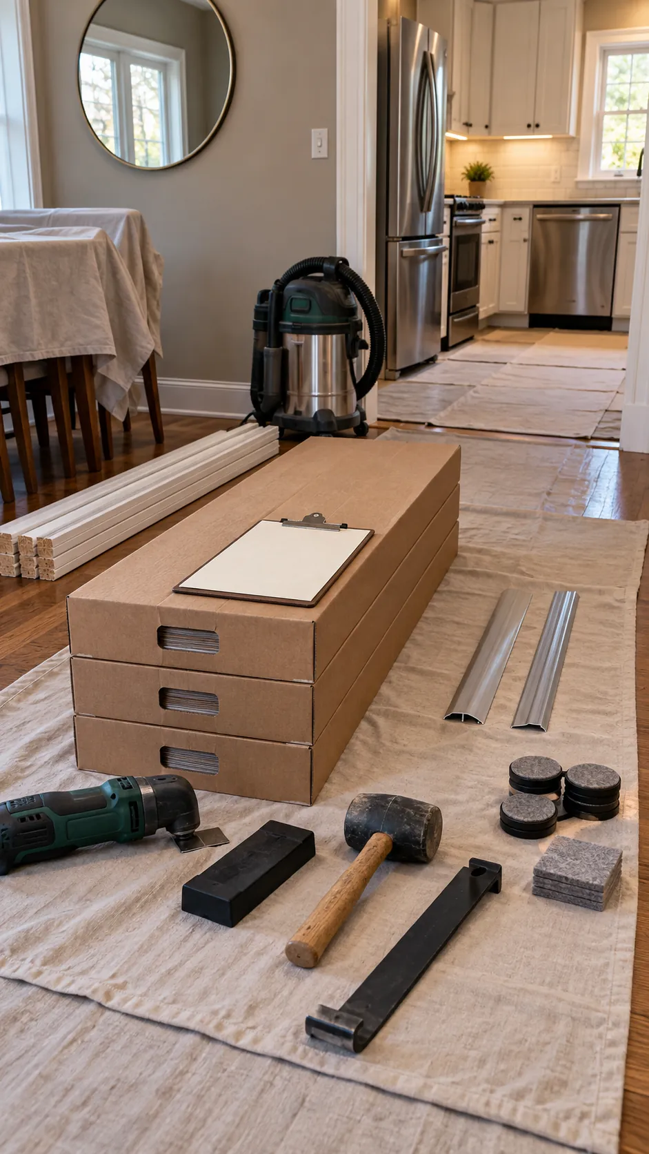 Flooring materials trim and tools arranged to review a kitchen installation quote
