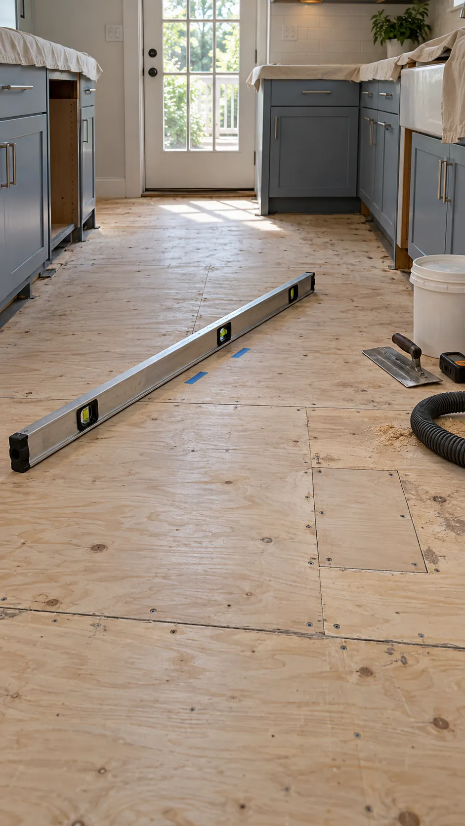 Kitchen subfloor checked with a long level before new flooring installation