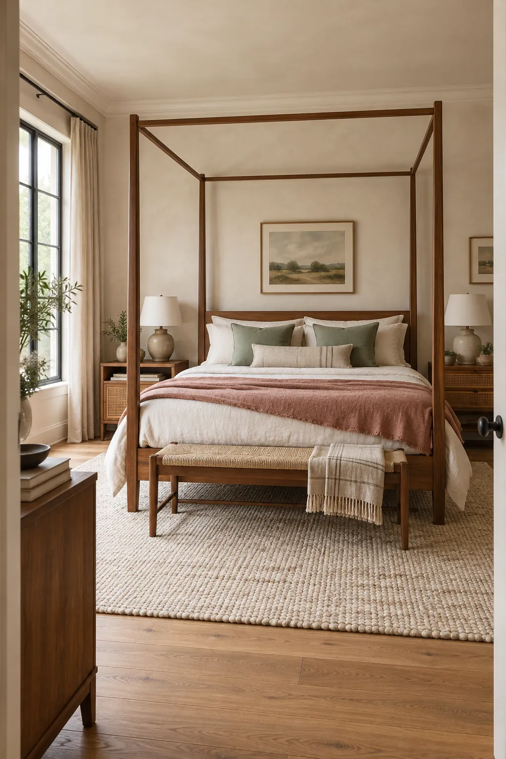 Cozy canopy bedroom decor with linen and natural textures