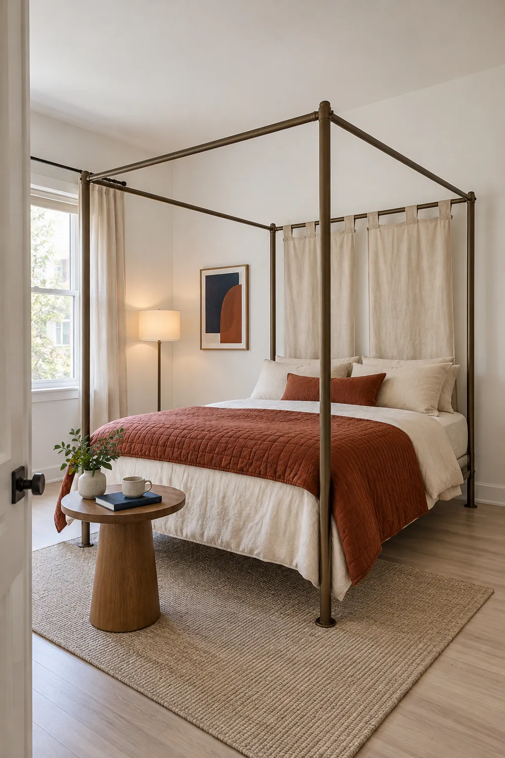 Rental friendly freestanding canopy bed with removable decor