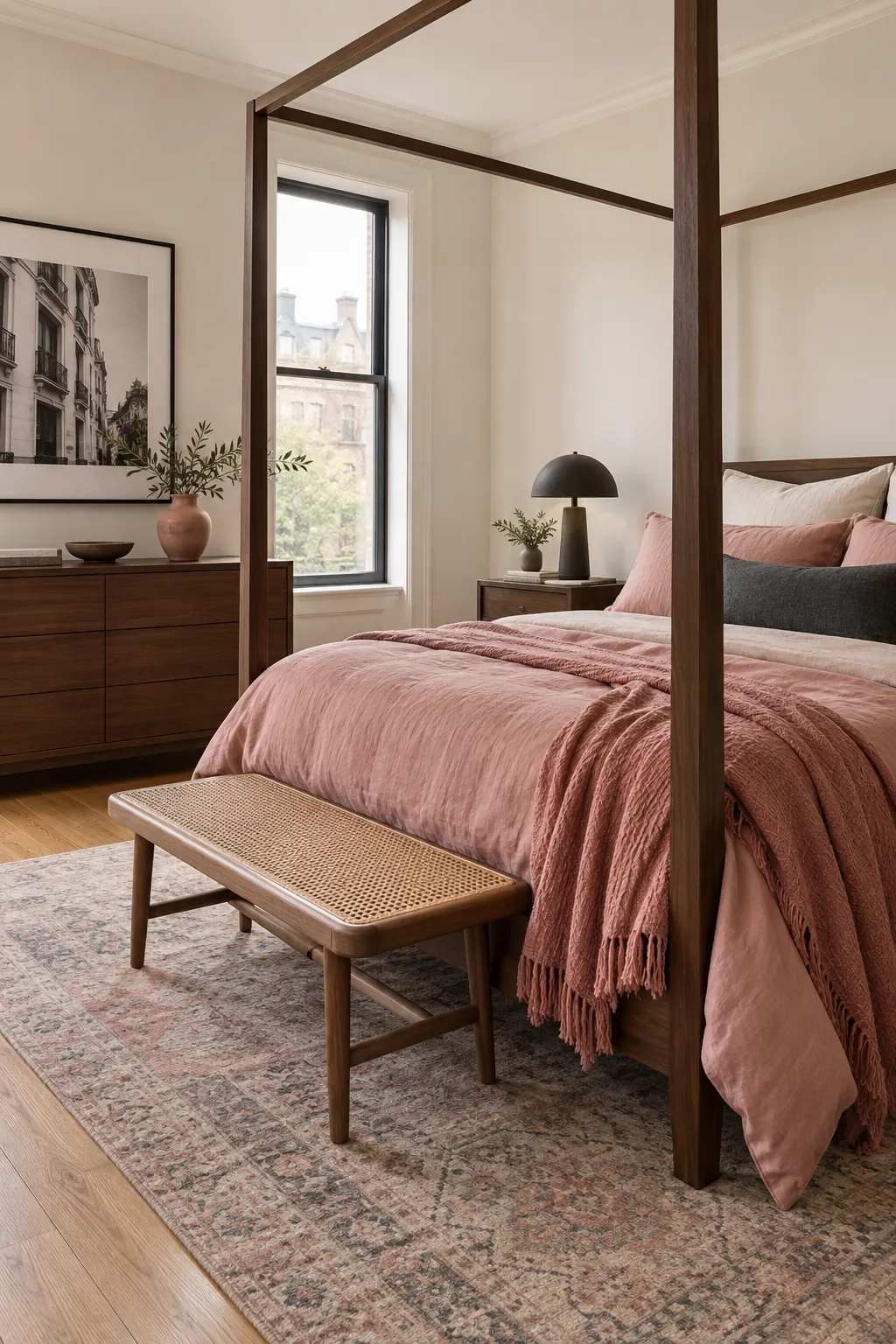 Adult pink canopy bedroom decor with walnut and linen