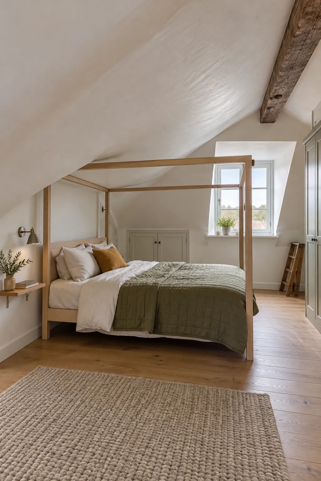 Attic canopy bedroom arranged below a sloped ceiling