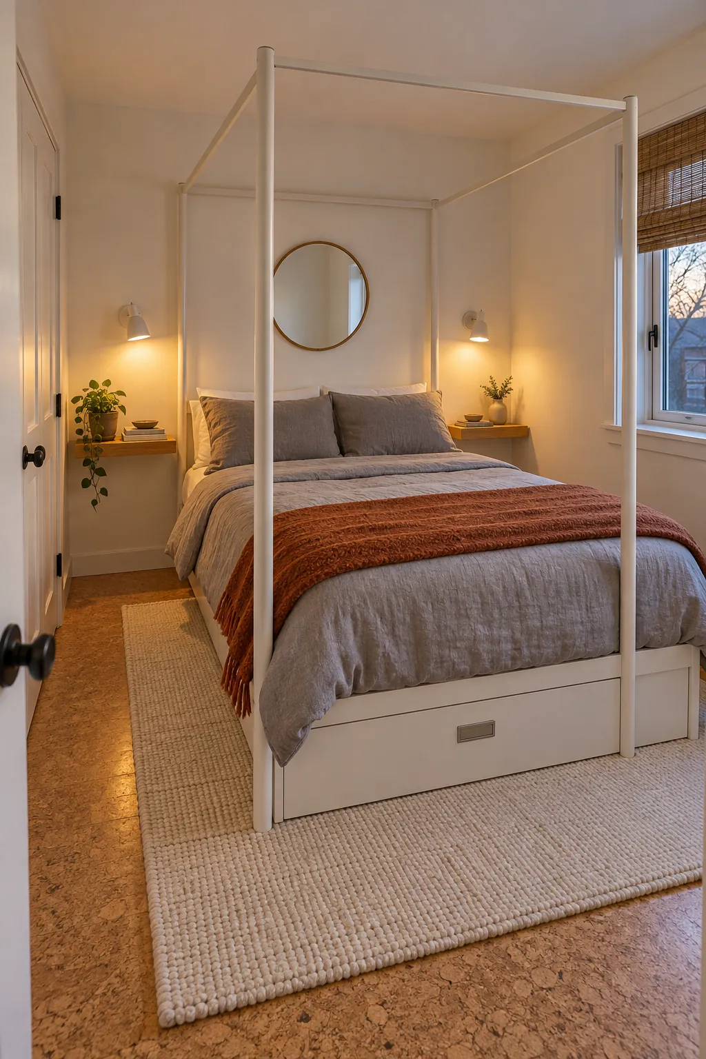 Small cozy canopy bedroom with clear floor and wall lights
