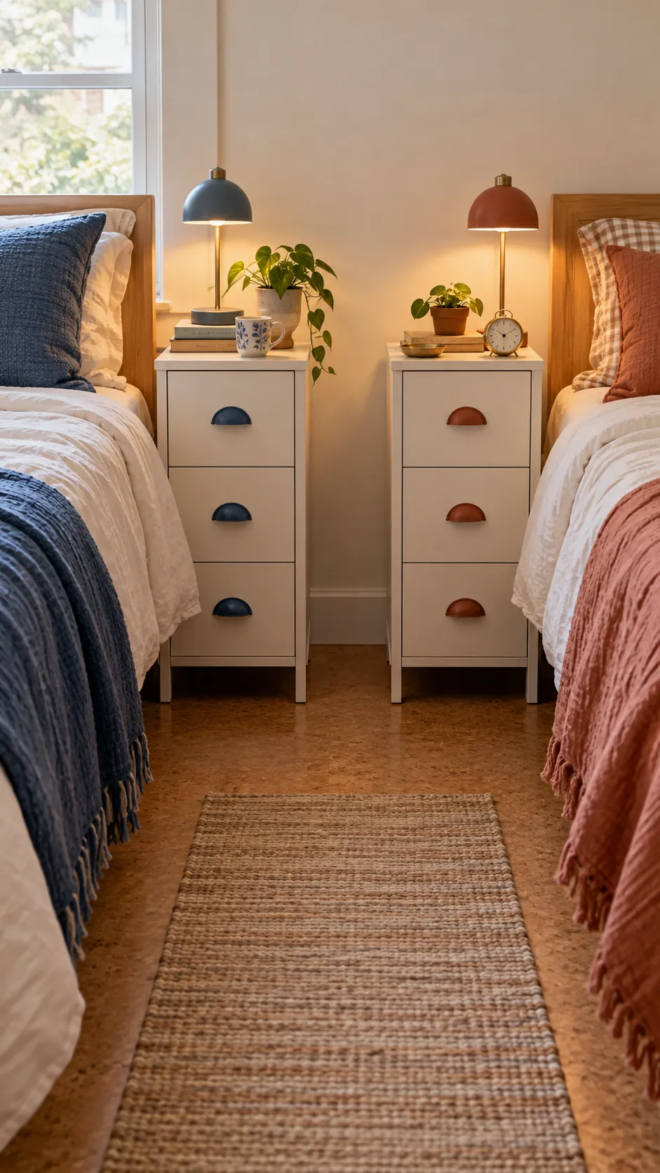 Two slim bedside drawer towers giving each child separate storage