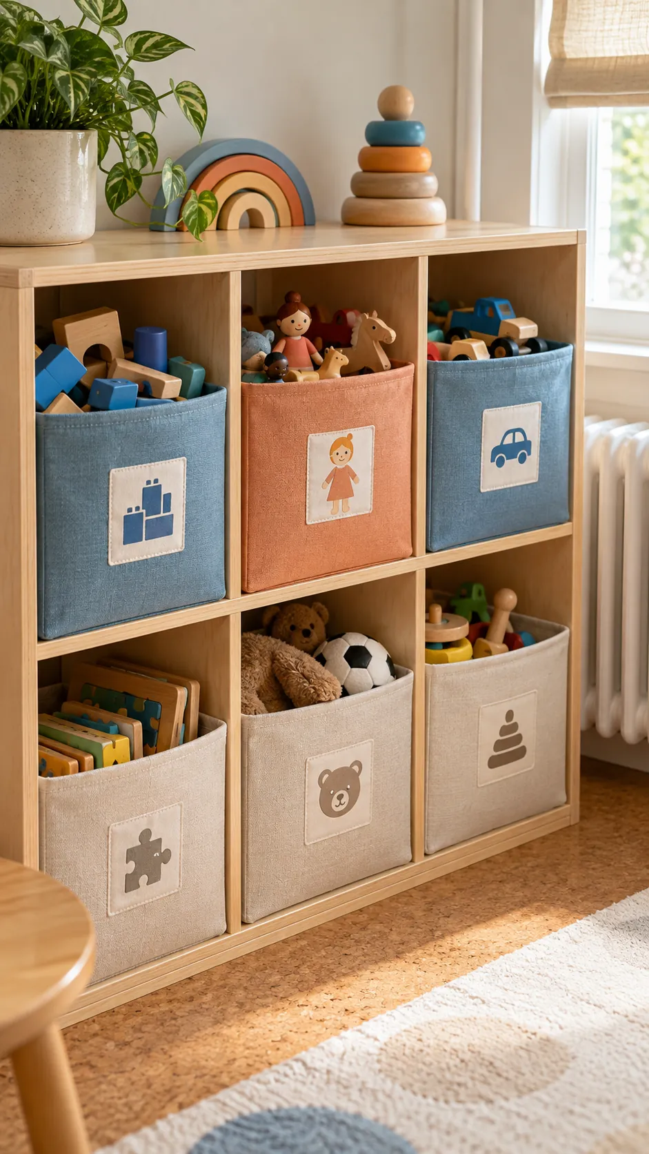 Color coded storage bins on a compact shared bedroom shelf