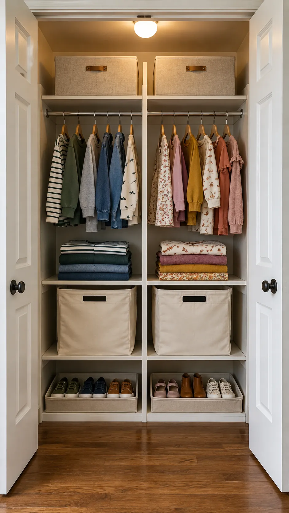 Small closet divided into equal clothing zones for two children