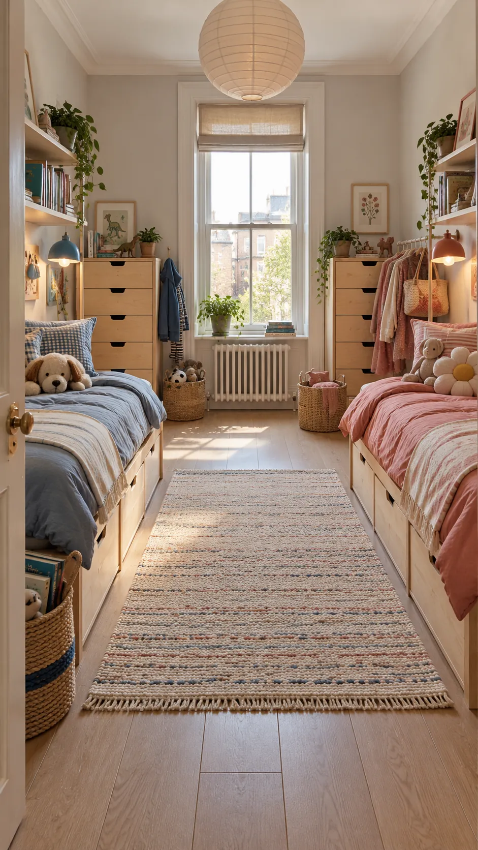 Organized shared small bedroom with separate storage for two children