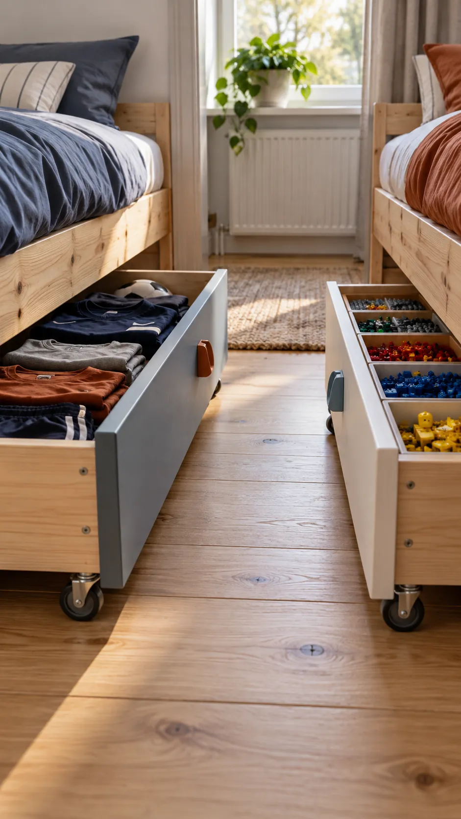 Separate labeled rolling drawers stored under two children beds