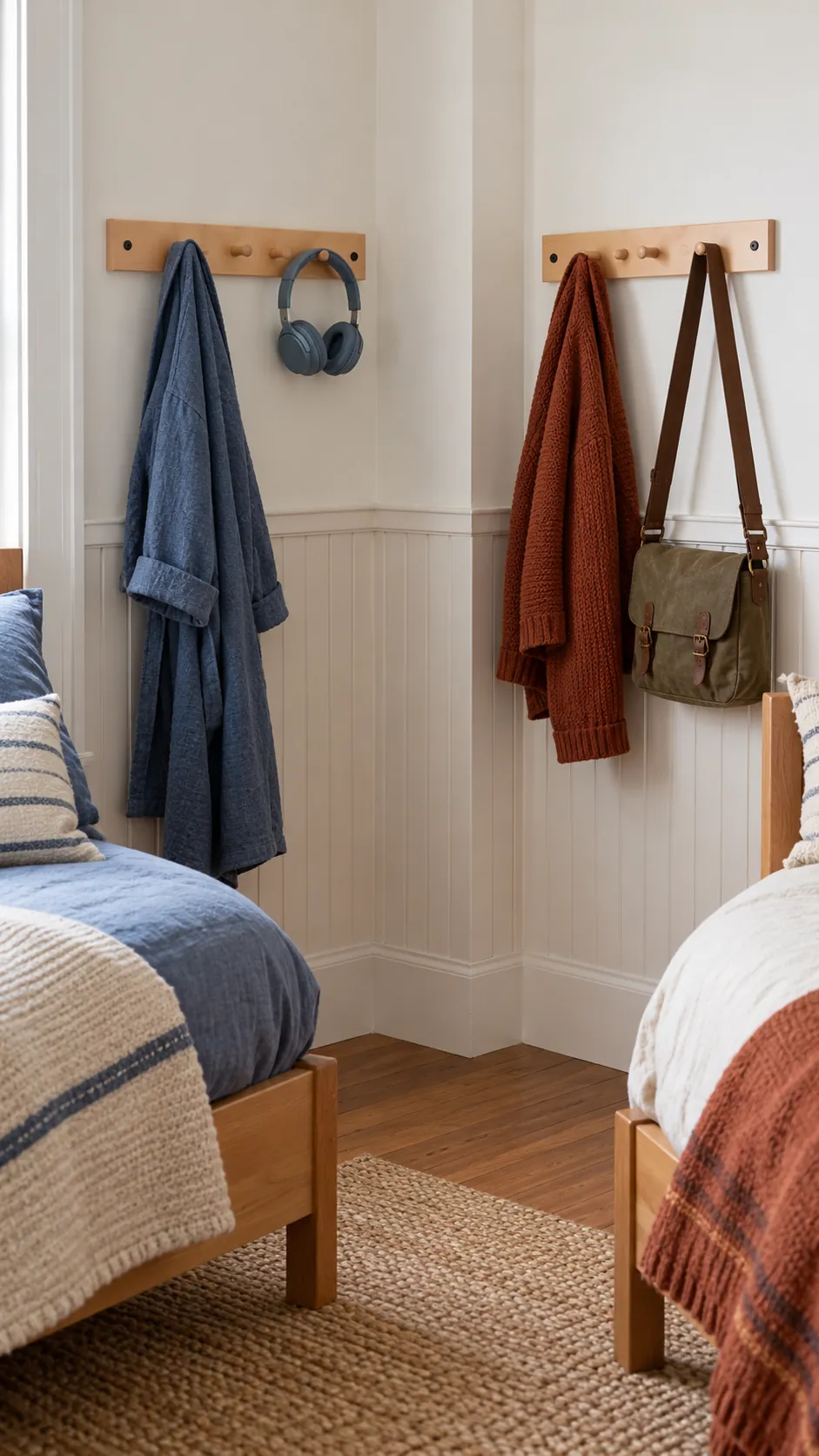 Separate wooden peg rails above two beds in a small kids room