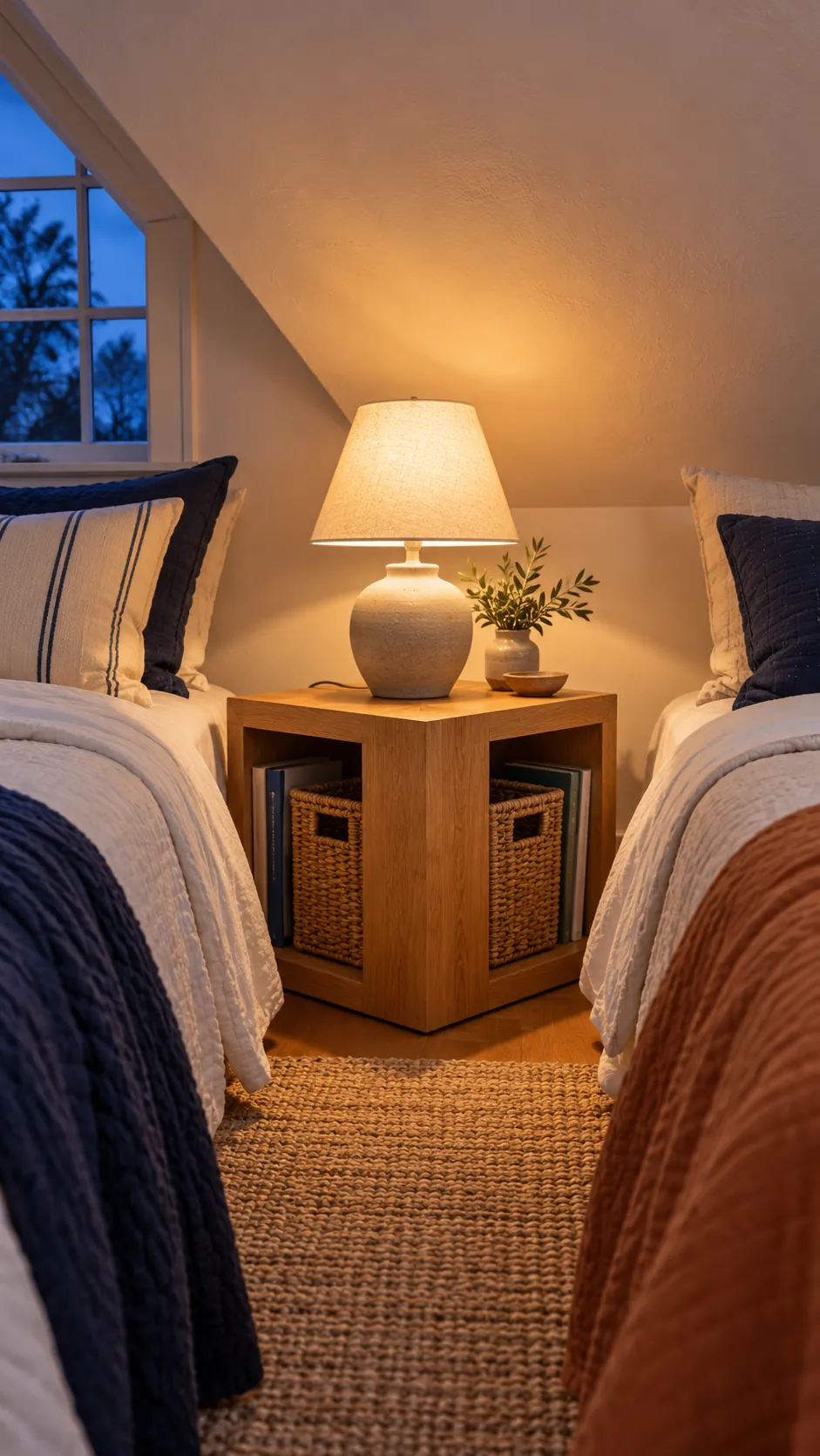 Shared nightstand with one open storage cubby for each child