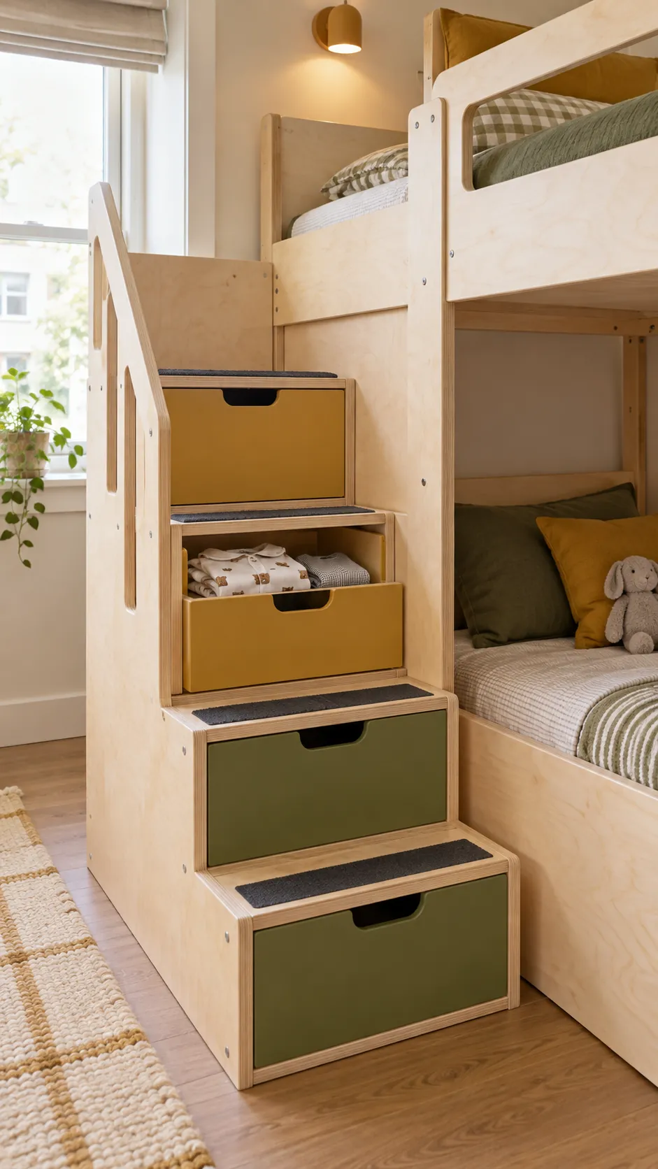 Bunk bed stairs with separate storage drawers for two children