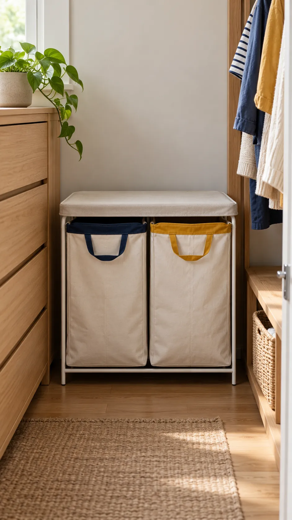 Two compartment hamper between separate kids storage areas