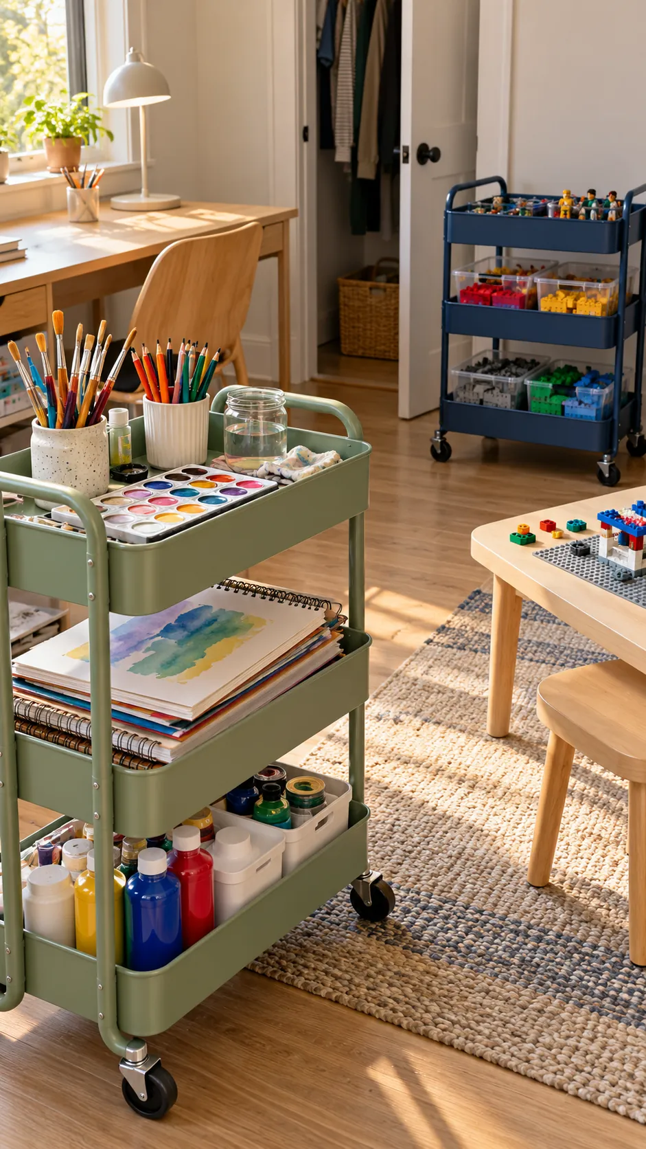 Two narrow rolling carts used as personal kids storage