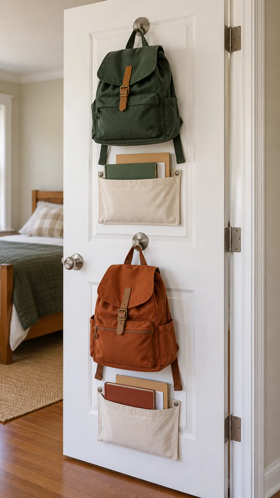 Two separate backpack stations mounted behind a bedroom door