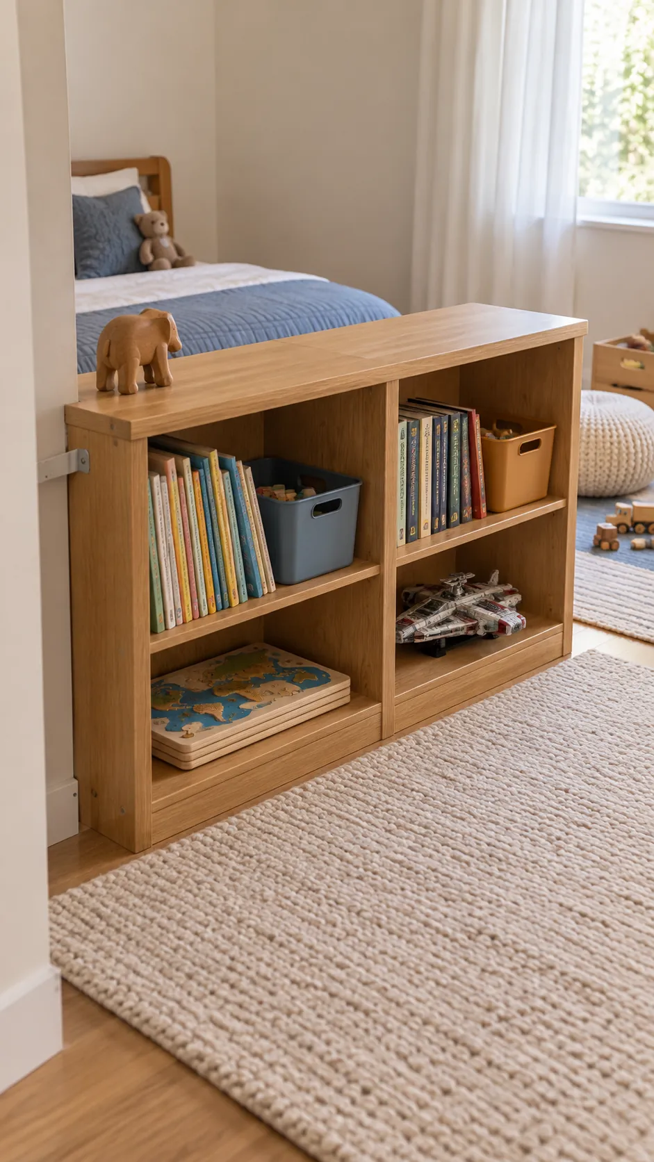 Low bookcase divided equally for two children in a shared room