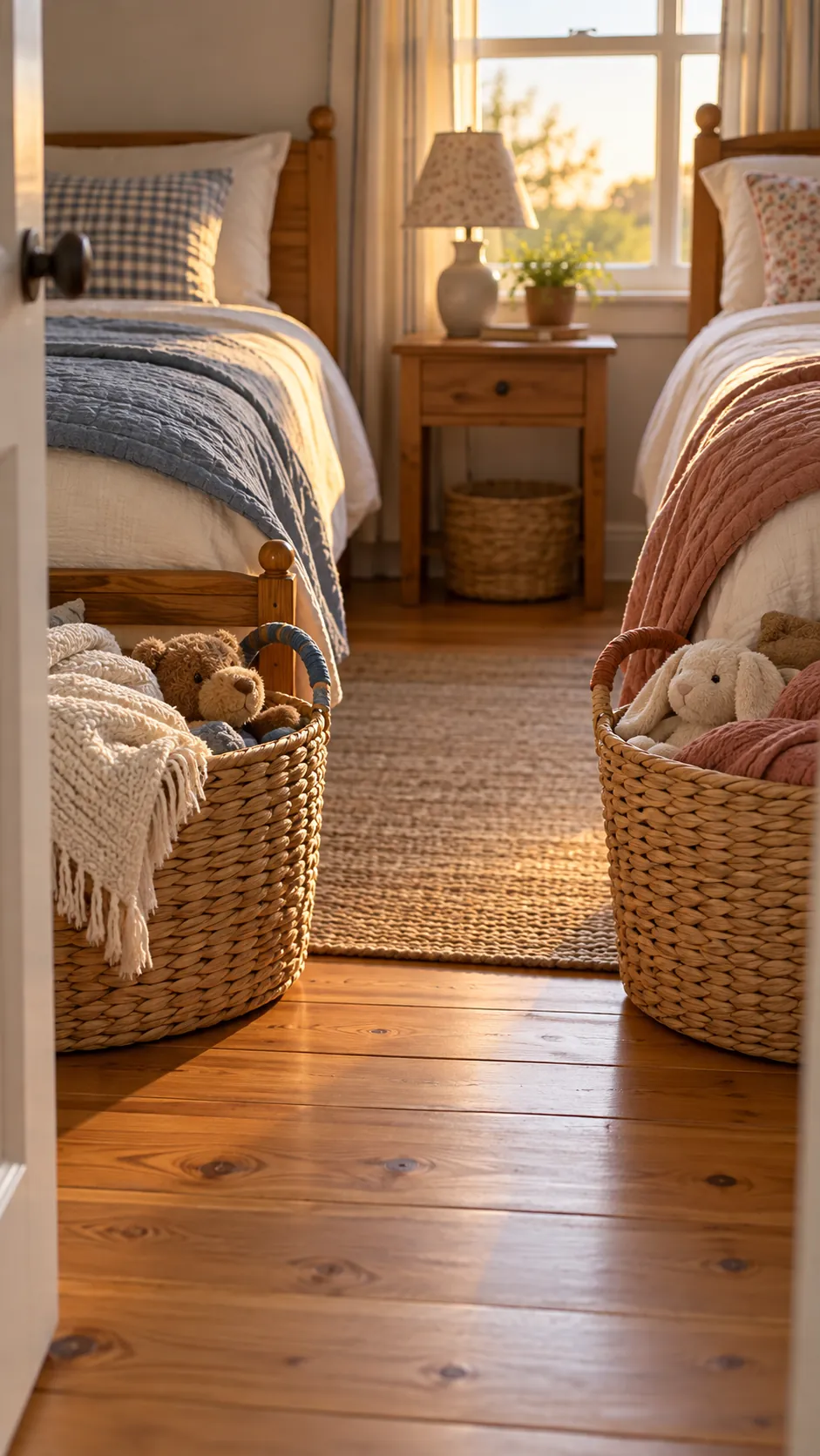 Personal woven baskets at the foot of two children beds